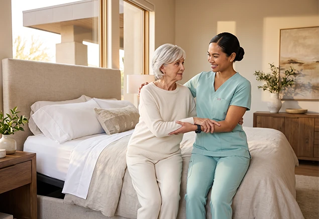 Caregiver assisting elderly woman with dementia out of her bed.