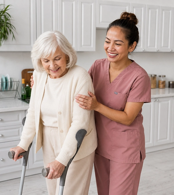 Caregiver assisting elderly woman with mobility with her forearm crutches.