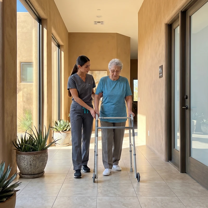 Caregiver assisting elderly woman with her walker to go to the restroom.