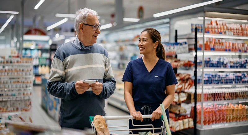 Caregiver providing companion support with elderly patient during a trip to the supermarket.