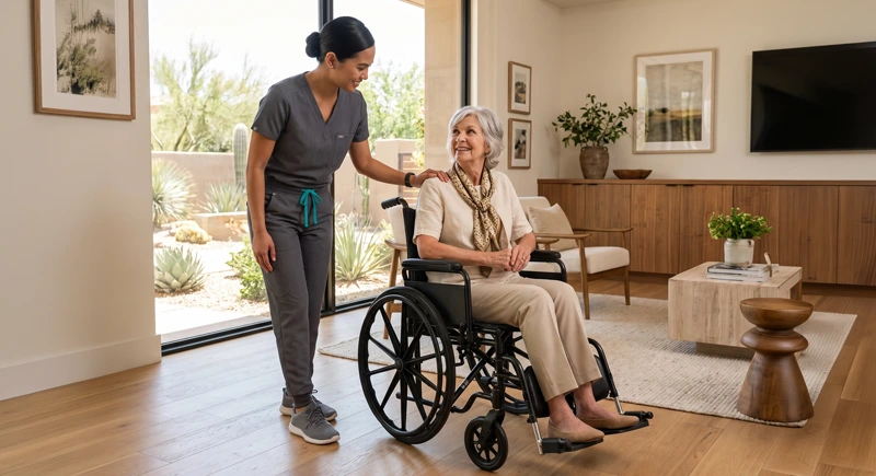 Caregiver with elderly patient in wheelchair providing respite care while family is on vacation.