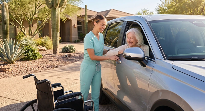Caregiver is assisting patient by moving her from the passenger seat of a car to a wheel chair, providing specialized support.