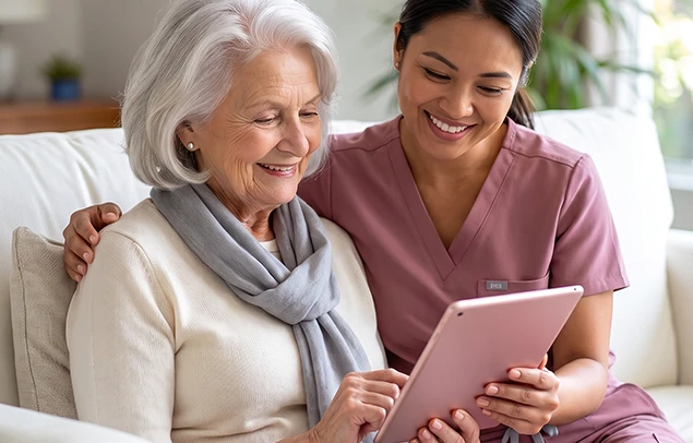Caregiver assisting elderly woman in showing her how to use her iPad. They appear to be enjoying each other's company.