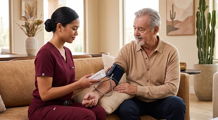 Caregiver is sitting with elderly man assisting in getting his daily BP results from his blood pressure monitor.